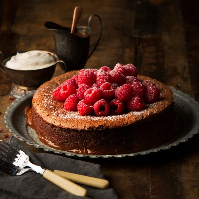 Salted Caramel Chocolate Torte with Raspberries