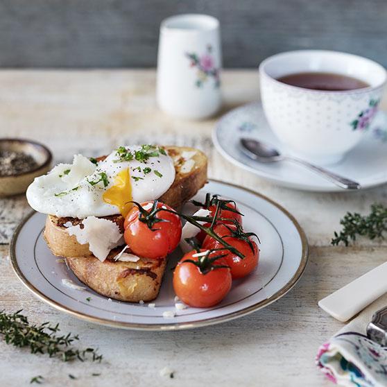Cheese French Toast with Roasted Cherry Tomatoes and Poached Eggs