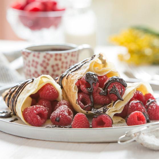 Crepes with Raspberry and Chocolate Fudge Sauce