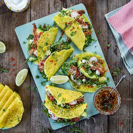 Mini Vietnamese Style Pancakes with Avocado, Pancetta and Chilli Sauce