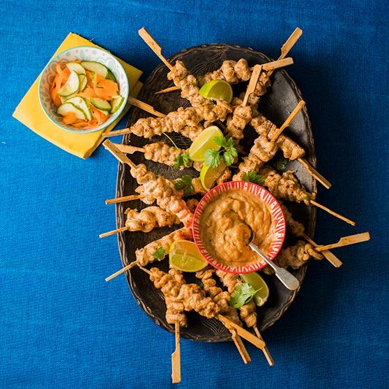 Chicken Satay Sticks with Lime Dip and Pickled Cucumber and Carrots