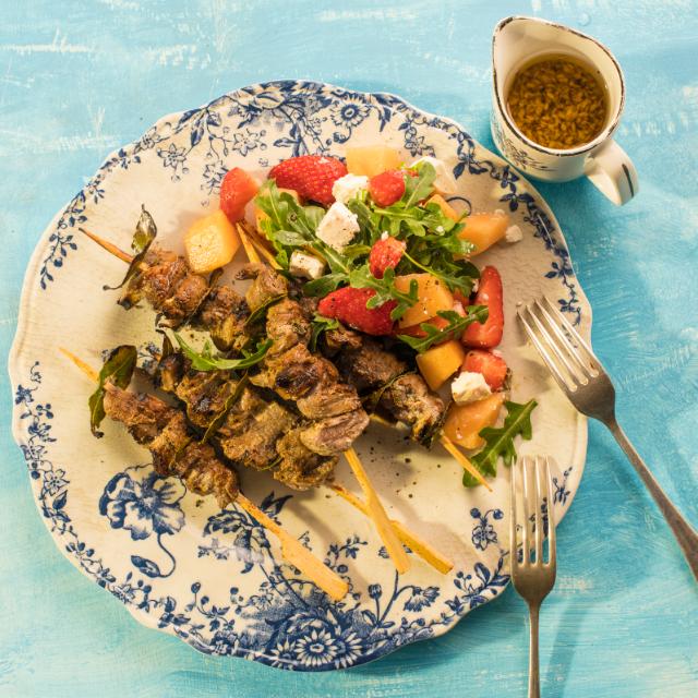 Lamb Skewers with Rocket Melon Strawberry Salad