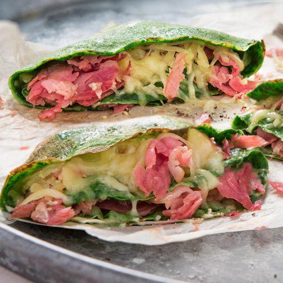 Spinach Pancakes with Caramelised Ham and Cheese
