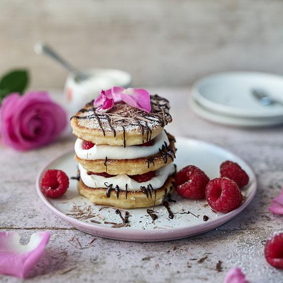 Raspberry Pancake Stack with Rose Cream